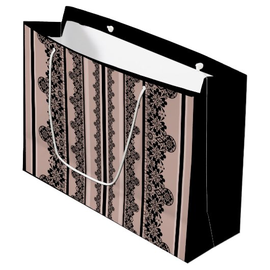 黒いレース、透かし、茶色の背景、ベージュ、ブラ ラージペーパーバッグ (正面アングル)