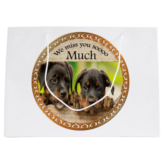 黒いロットワイラーかわいい子犬と悲しい顔 ラージペーパーバッグ (正面)