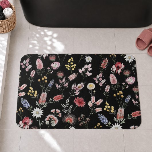 黒いロマンティックでムーディな水彩の野の花 バスマット