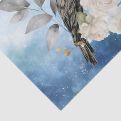 黒いワタリガラス 白い花 青背景 薄葉紙 (詳細)