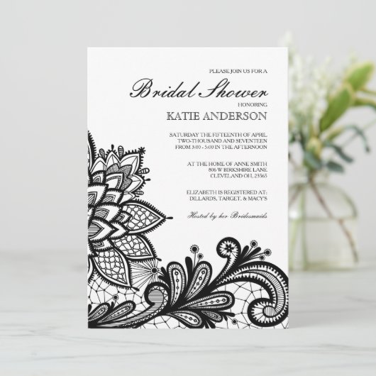 黒いヴィンテージのレースのブライダルシャワーの招待状 招待状 (スタンド正面)