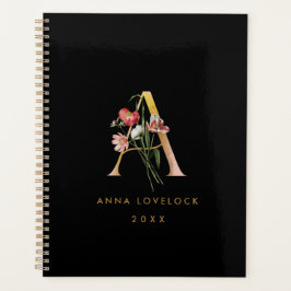 黒いヴィンテージフローラと金ゴールドモノグラム文字A プランナー手帳