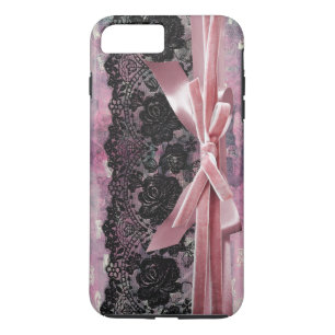 黒いヴィンテージレース – ドット – ピンクリボン iPhone 8 PLUS/7 PLUSケース