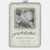 黒いヴィンテージ手書きベビー1stクリスマスフォト シルバープレートフレームオーナメント (正面)