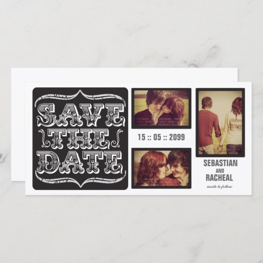 黒いヴィンテージ日付の保存タイポグラフィの写真カード セーブザデート (正面/裏面)