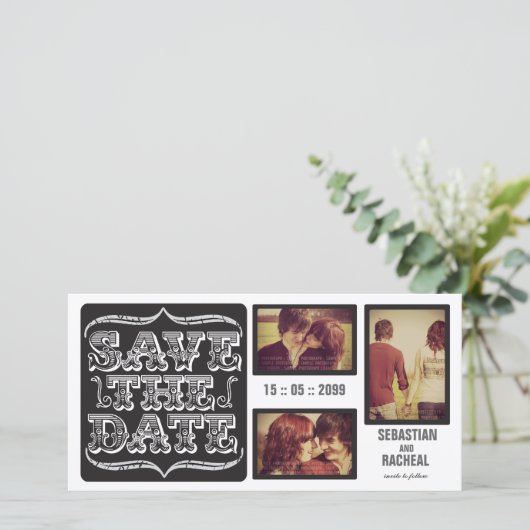 黒いヴィンテージ日付の保存タイポグラフィの写真カード セーブザデート (スタンド正面)