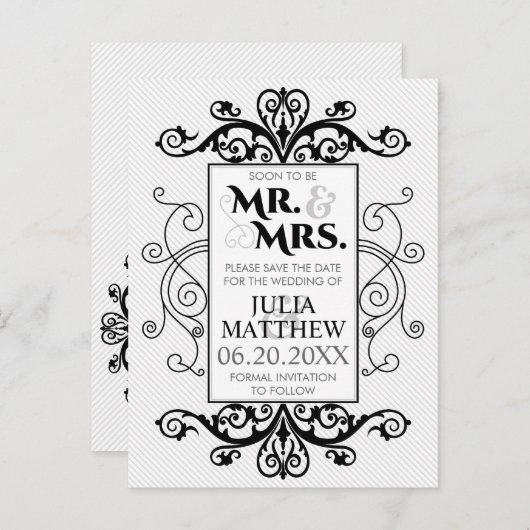 黒いヴィンテージ渦巻き結婚式日付を保存 案内ポストカード (正面/裏面)