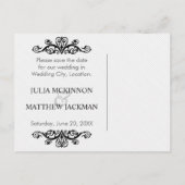 黒いヴィンテージ渦巻き結婚式日付を保存 案内ポストカード (裏面)