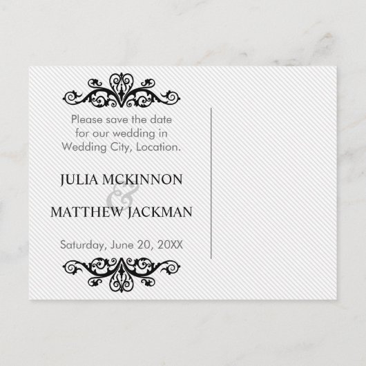 黒いヴィンテージ渦巻き結婚式日付を保存 案内ポストカード (裏面)