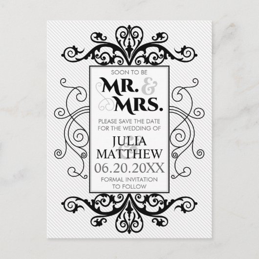 黒いヴィンテージ渦巻き結婚式日付を保存 案内ポストカード (正面)