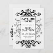 黒いヴィンテージ渦巻き結婚式日付を保存 案内ポストカード (正面/裏面)