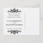 黒いヴィンテージ渦巻き結婚式日付を保存 案内ポストカード (裏面)