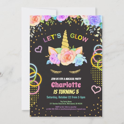 黒い一角獣の少女の誕生日に輝くパーティー 招待状 (正面)