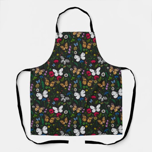 黒い上に野花と蝶 エプロン (正面)