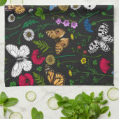 黒い上に野花と蝶 キッチンタオル (折り畳み)