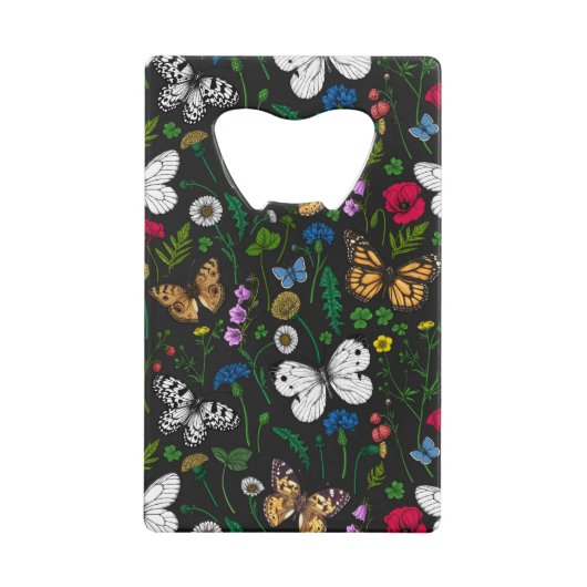 黒い上に野花と蝶 クレジットカード栓抜き (正面)