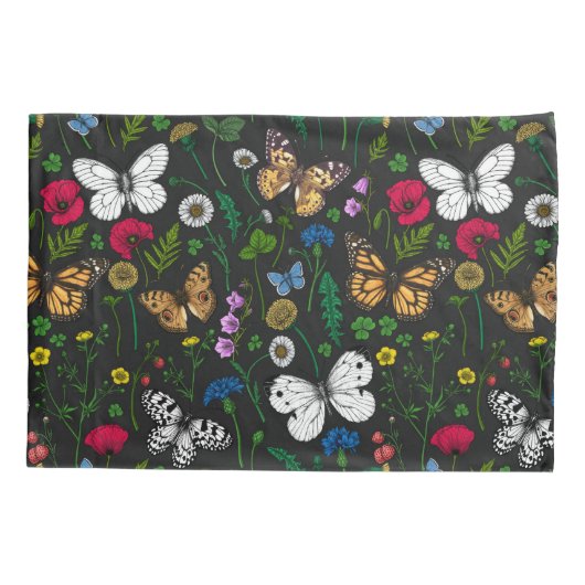 黒い上に野花と蝶 枕カバー (裏面-左)