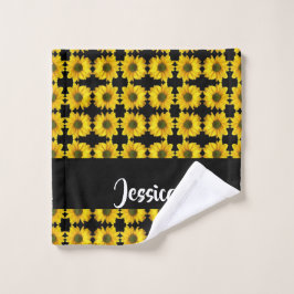 黒い上に黄色のひまわり ウォッシュタオル