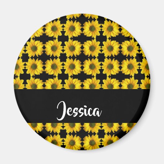 黒い上に黄色のひまわり マグネット (正面)
