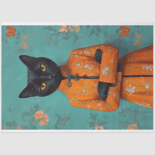 黒い中国の猫のデコパージュ 薄葉紙 (正面)