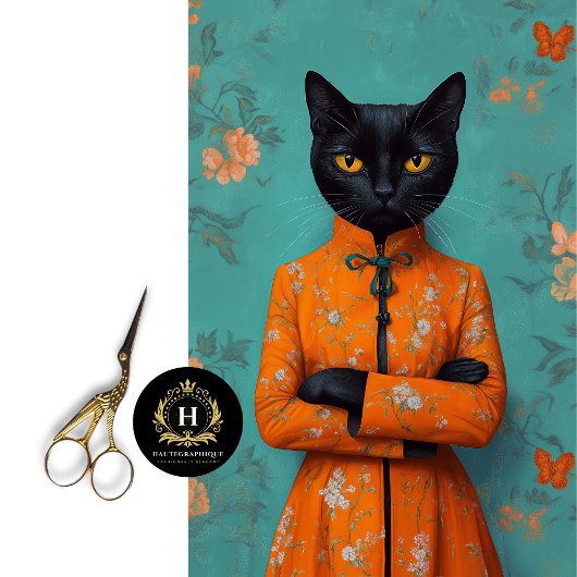 黒い中国の猫のデコパージュ 薄葉紙