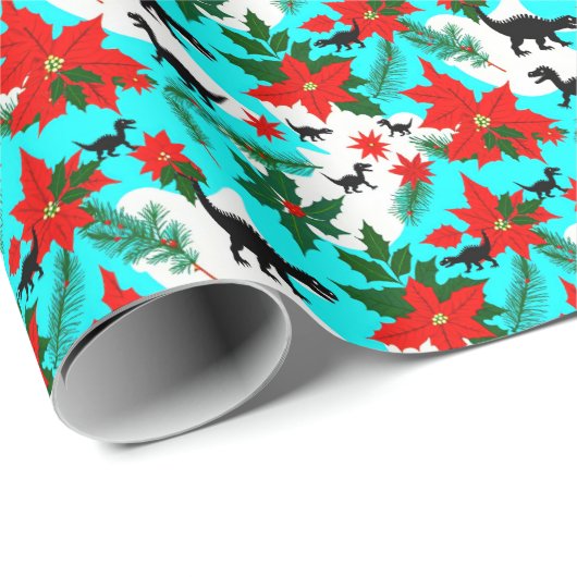 黒い予測できな恐竜とポインセティアスのクリスマス ラッピングペーパー (ロールコーナー)