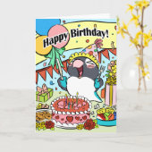 黒い仮面のロベバードハッピーバースデーオウム カード (黄色い花)