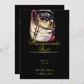 黒い仮面舞踏会のパーティーの金ゴールドのマスク 招待状 (正面/裏面)