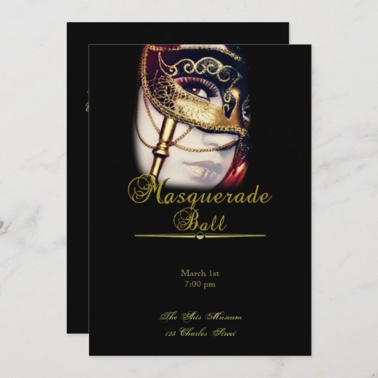 黒い仮面舞踏会のパーティーの金ゴールドのマスク 招待状 (正面/裏面)