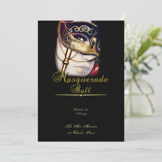 黒い仮面舞踏会のパーティーの金ゴールドのマスク 招待状 (スタンド正面)