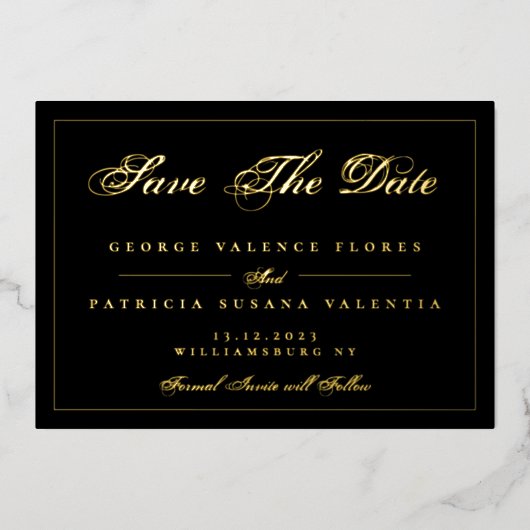 黒い伝統的金ゴールドエレガント写真の日付の保存 箔招待状 (正面)