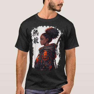 黒い侍少女アニメ戦士アフロアフリカ人 Tシャツ
