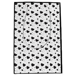 黒い光沢のあるハートかわいいロマンチックなパターン ミディアムペーパーバッグ