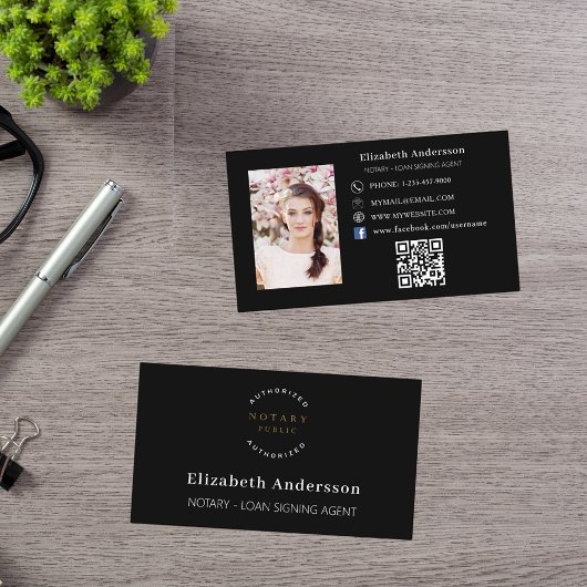 黒い公証人ローン署名エージェントの写真QRコード 名刺