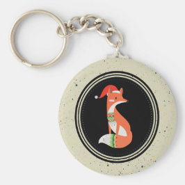 黒い円の中のクリスマスハットのかわいいキツネ キーホルダー