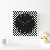 黒い円の白いチェッカーボードパターン スクエア壁時計 (ホーム)