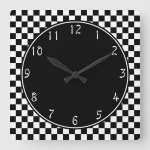 黒い円の白いチェッカーボードパターン スクエア壁時計