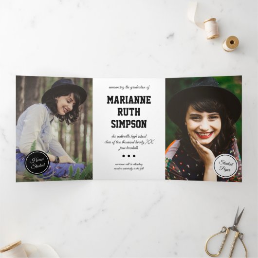 黒い円5 – 写真の卒業 三つ折り招待状 (内部)