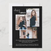 黒い写真のコラージュスタイリッシュスクリプトの卒業 案内状 (裏面)