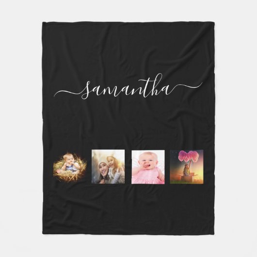 黒い写真の家族のコラージュ名スクリプト フリースブランケット (正面)