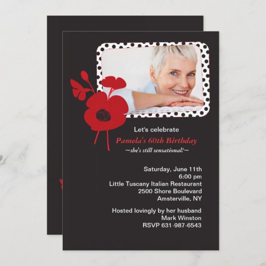 黒い写真の招待状の赤いケシ 招待状 (正面/裏面)