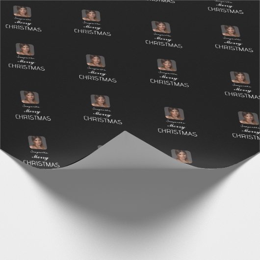 黒い写真エレガントのスクリプト名メリークリスマス ラッピングペーパー (角)