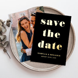 黒い写真モダン日付金ゴールドの保存 箔招待状