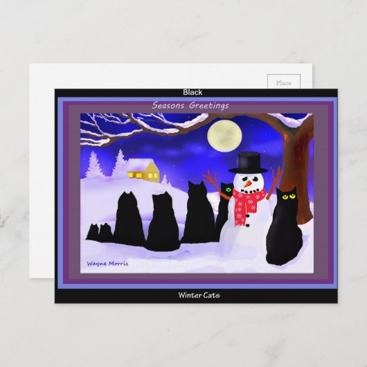 黒い冬猫のクリスマスの郵便はがき シーズンポストカード (正面/裏面)