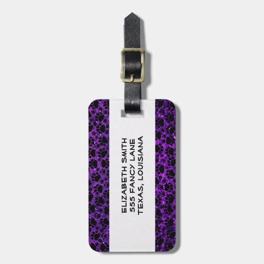 黒い前足、紫のグリッター、犬の前足、動物の前足 ラゲッジタグ (正面縦)