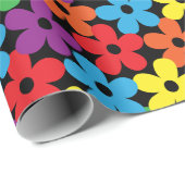 黒い包装紙のカラフルな花 ラッピングペーパー (ロールコーナー)