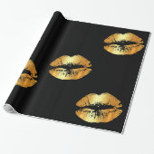 黒い包装紙の大きい金唇のキス ラッピングペーパー (アンロールド)