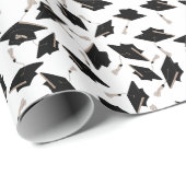 黒い卒業キャップが宙に舞い上がる白 ラッピングペーパー (ロールコーナー)