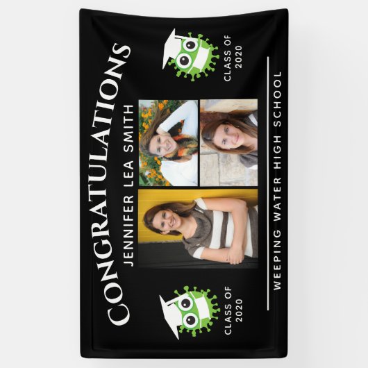 黒い卒業パーソナライズされた旗と写真 横断幕 (縦)