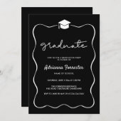 黒い卒業パーティーハットリボンフレーム 招待状 (正面/裏面)